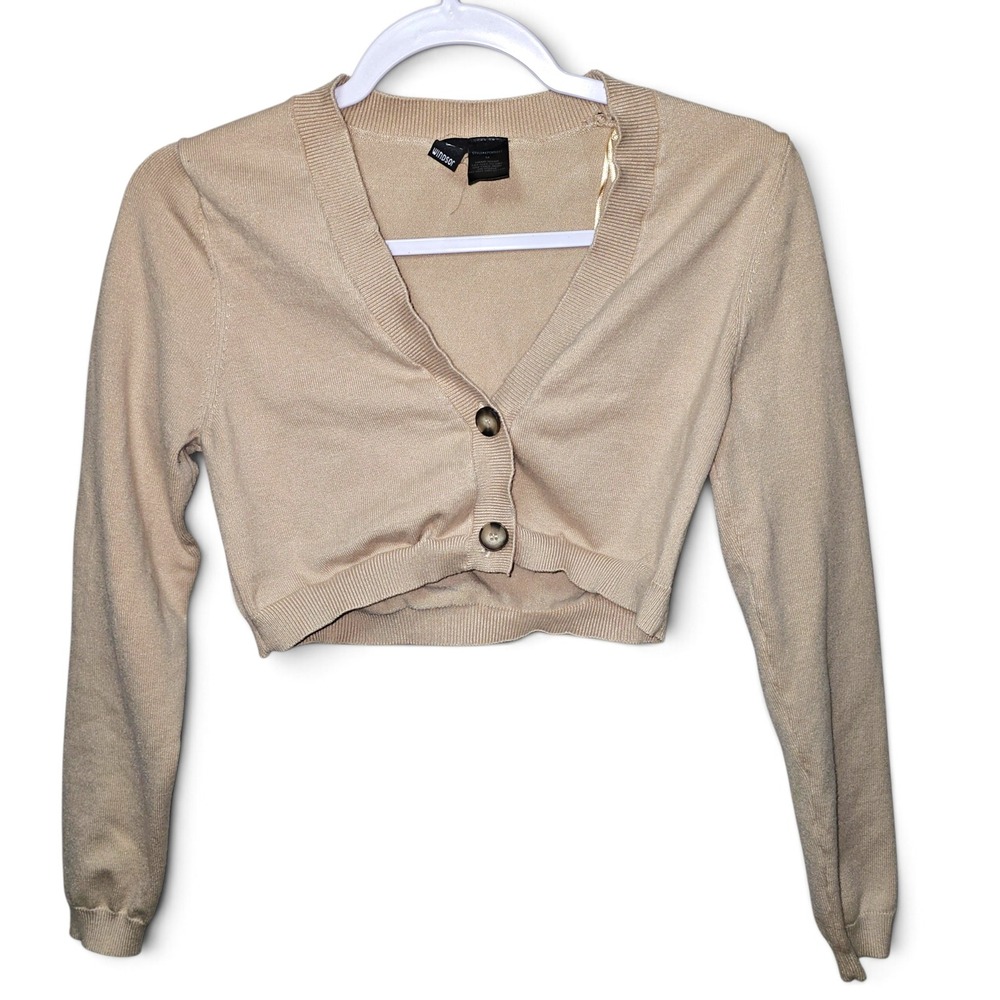Windsor Cropped Cardigan Womens Medium Tan Good Metallic Knit V-Neck Shrug